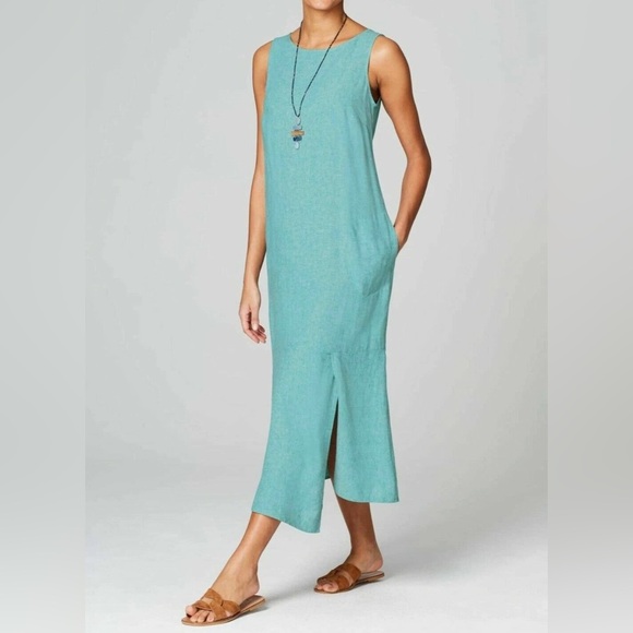 Pure Jill Linen Blend Asymmetric Dress Medium Petite MP Aegean Blue Summer.  24 - Picture 1 of 9